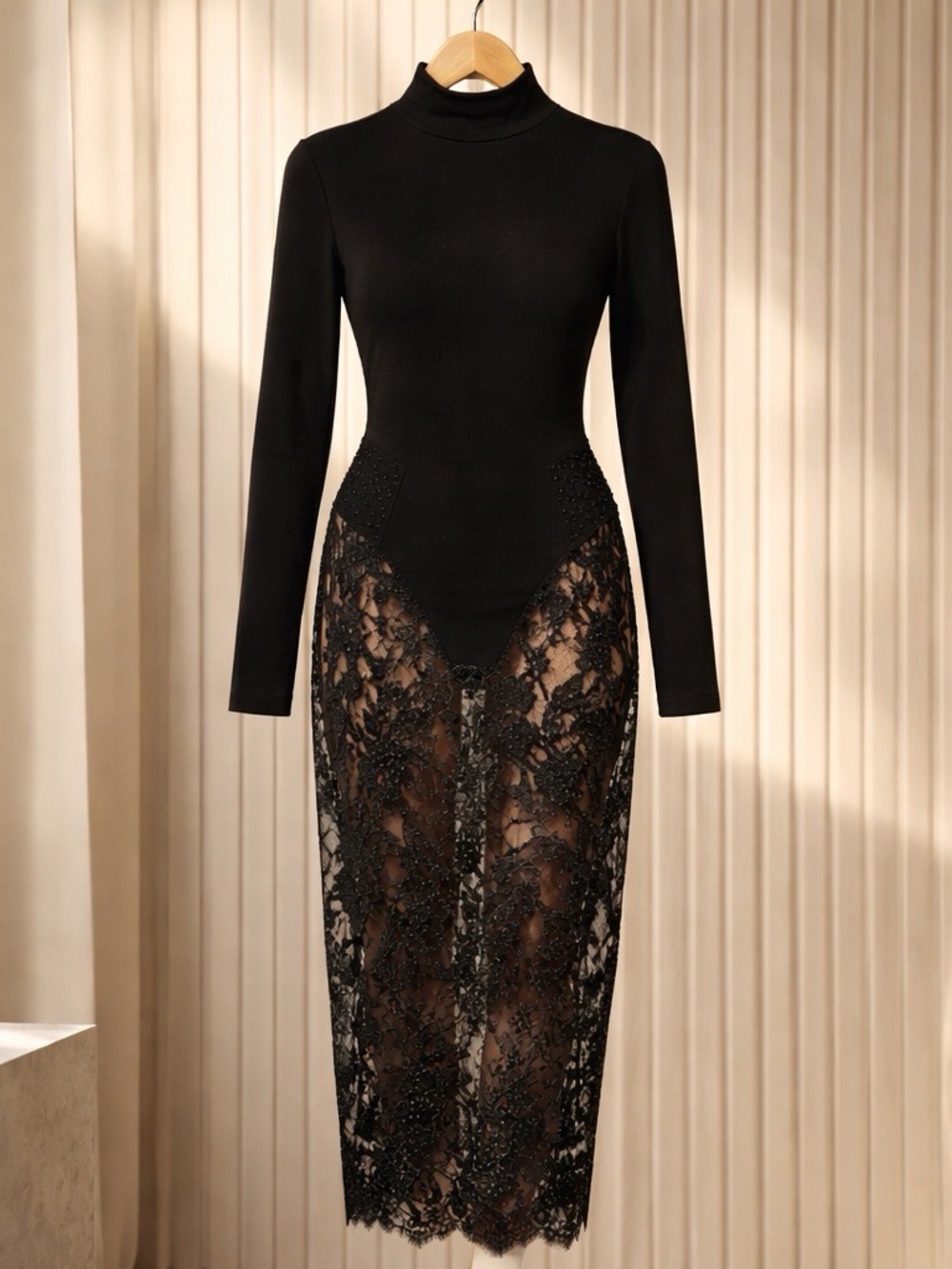 Black Turtleneck Sequins Lace Sheer Midi Dress, Built in bodysuit